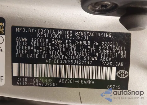 2005 Toyota Camry Le из США, поврежденный, VIN 4T1BE32K55U422447